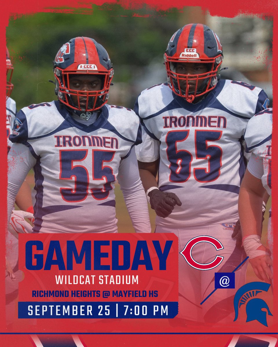 CCCIronmenAD's tweet photo. GAMEDAY! Week 6! The Ironmen are back on the Road heading to take on Richmond Heights this Evening! π Come Out & Support!! See You There!
β° 7:00 PM
π Wildcat Stadium - Mayfield HS
ποΈ Purchase Tickets Online or at the Gate
πΊ This Game will NOT be Livestreamed
#GoIronmen π΅π΄ https://t.co/CIiNC5jwc4