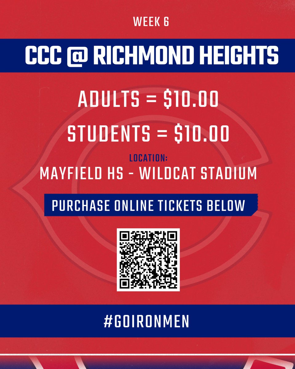 CCCIronmenAD's tweet photo. GAMEDAY! Week 6! The Ironmen are back on the Road heading to take on Richmond Heights this Evening! π Come Out & Support!! See You There!
β° 7:00 PM
π Wildcat Stadium - Mayfield HS
ποΈ Purchase Tickets Online or at the Gate
πΊ This Game will NOT be Livestreamed
#GoIronmen π΅π΄ https://t.co/CIiNC5jwc4