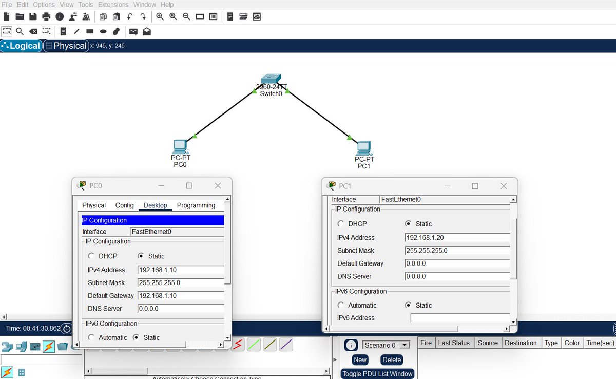 Just_Agunz's tweet photo. 🚀 DAY 1: I BUILT MY FIRST LAN! 🌐
Building a simple LAN in Cisco Packet Tracer.
🖥️ Devices 💻
🔹 2 PCs
🔹 Cisco 2960 Switch
🔹 2 Straight-Through Cables
📍 PC0: 192.168.1.10/24
📍 PC1: 192.168.1.20/24
Connected. Configured. PING SUCCESSFUL! ✅
@Shed_hood  #CCNA #CISCO https://t.co/PdER7sRl2T