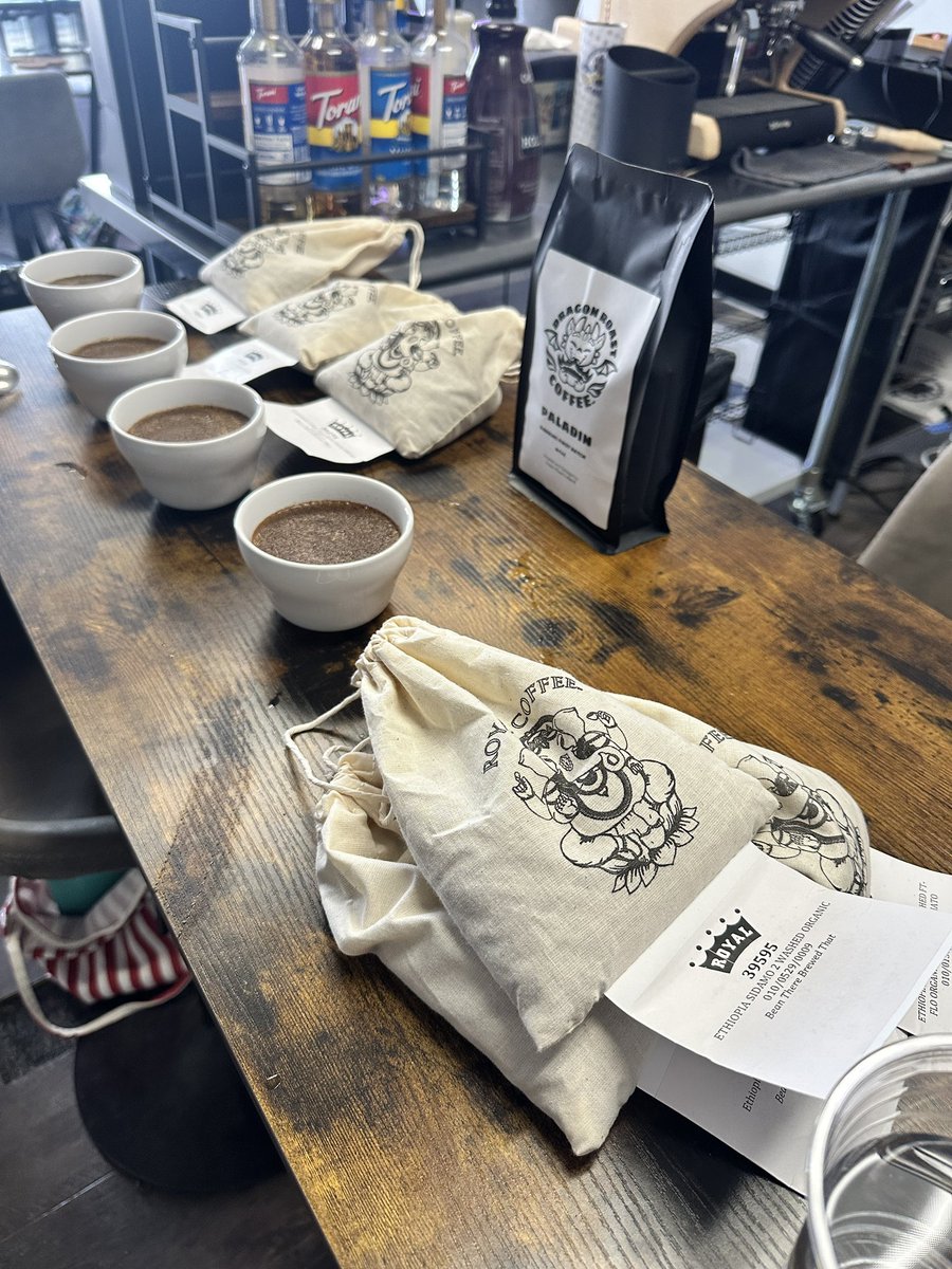 DragonRoast's tweet photo. This morning was fun. We helped sample roast a bunch of coffee for another local coffee company here in Denver so today we got to cup them all! 

Love helping grow and support the local coffee community! 🥰 https://t.co/EvwIlPoNLh