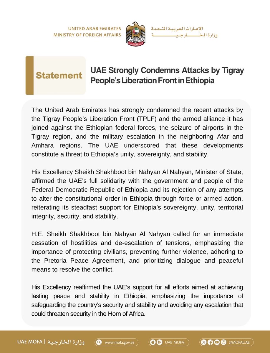 mofauae's tweet photo. UAE Strongly Condemns Attacks by Tigray People’s Liberation Front in Ethiopia https://t.co/IfhEK4gk4h