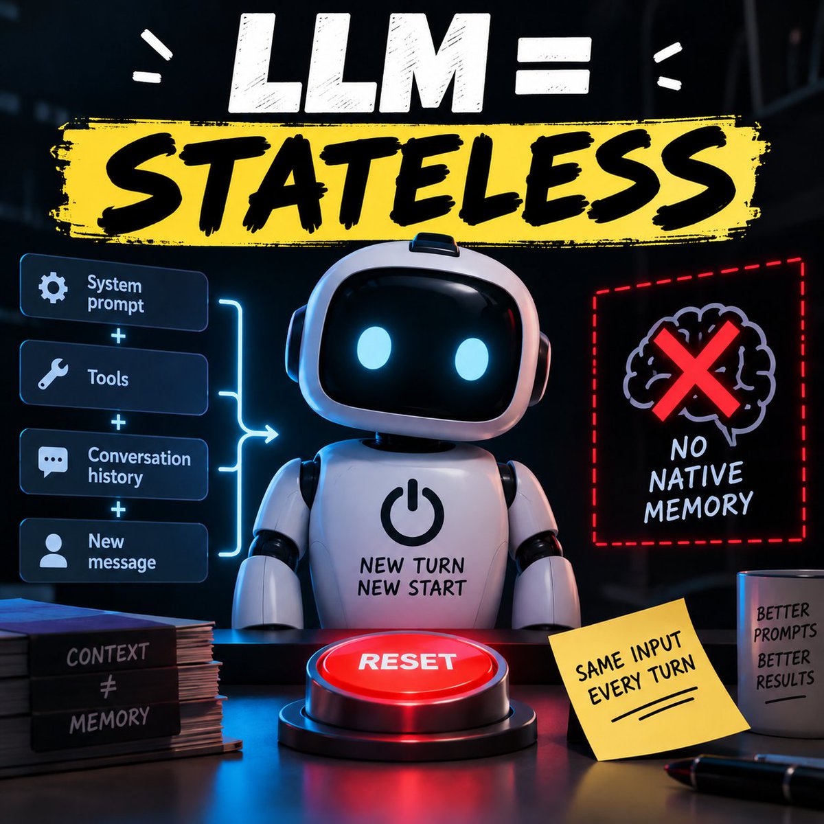 Deived3339's tweet photo. LLMs (Transformers) are stateless: they don’t natively remember the previous turn.

Each inference gets the system prompt + tools + conversation history + new message. KV cache avoids recomputing part of that context; it isn’t memory.

Context ≠ memory. KV cache ≠ memory. https://t.co/JEAAioU1Q6