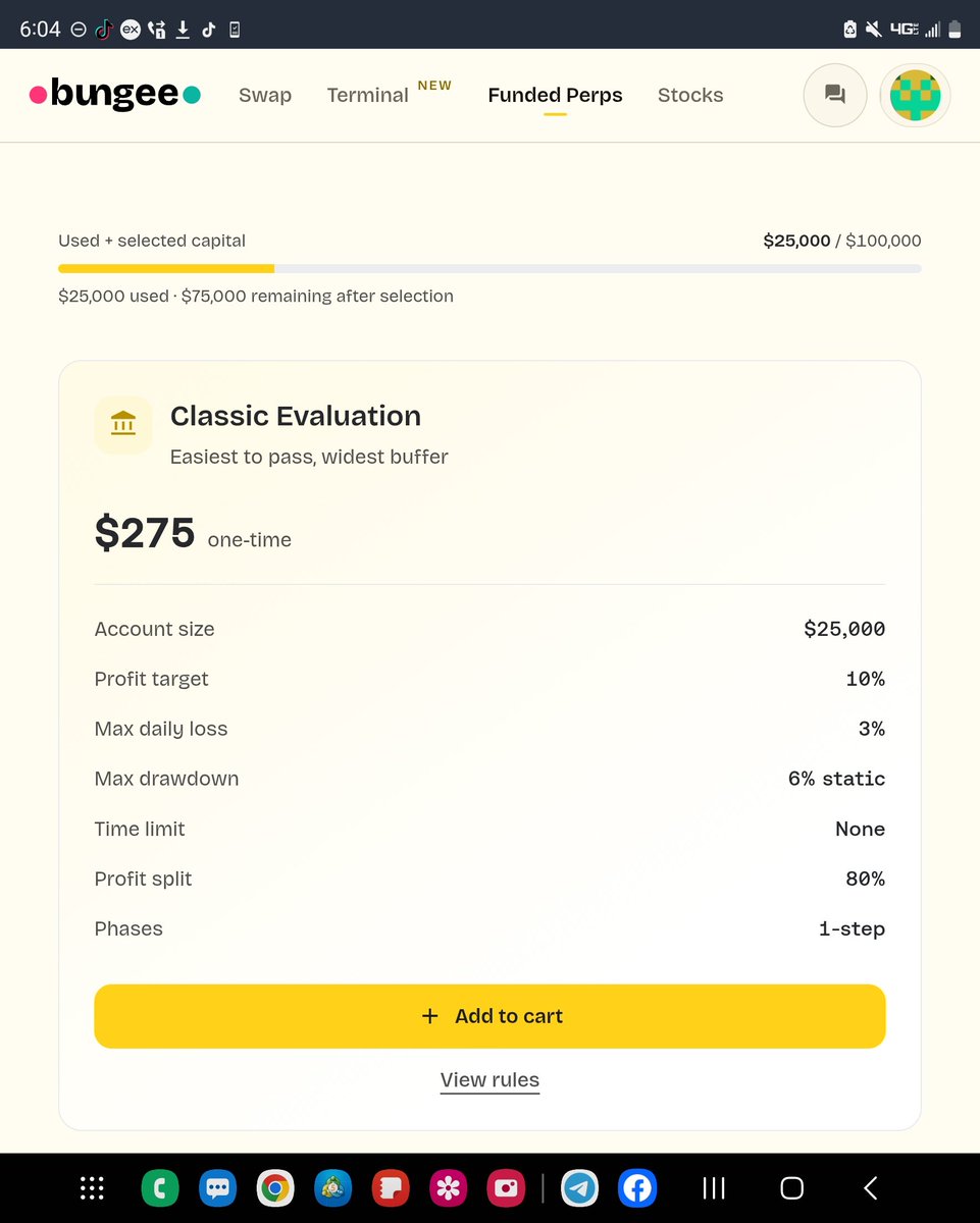 SpeedouForex's tweet photo. I've just added $25k account from @BungeeExchange .

What attracted me is thier low fee especially when you compare that with other onchain firms. Simple trading rules is also another thing to look at. No restriction,  just make 10% target and get funded plus a 6% max static DD.

Plan is to pass this and get the $100k account size with them. I'll document everything here and keep you updated. Bullish on this one 🔥