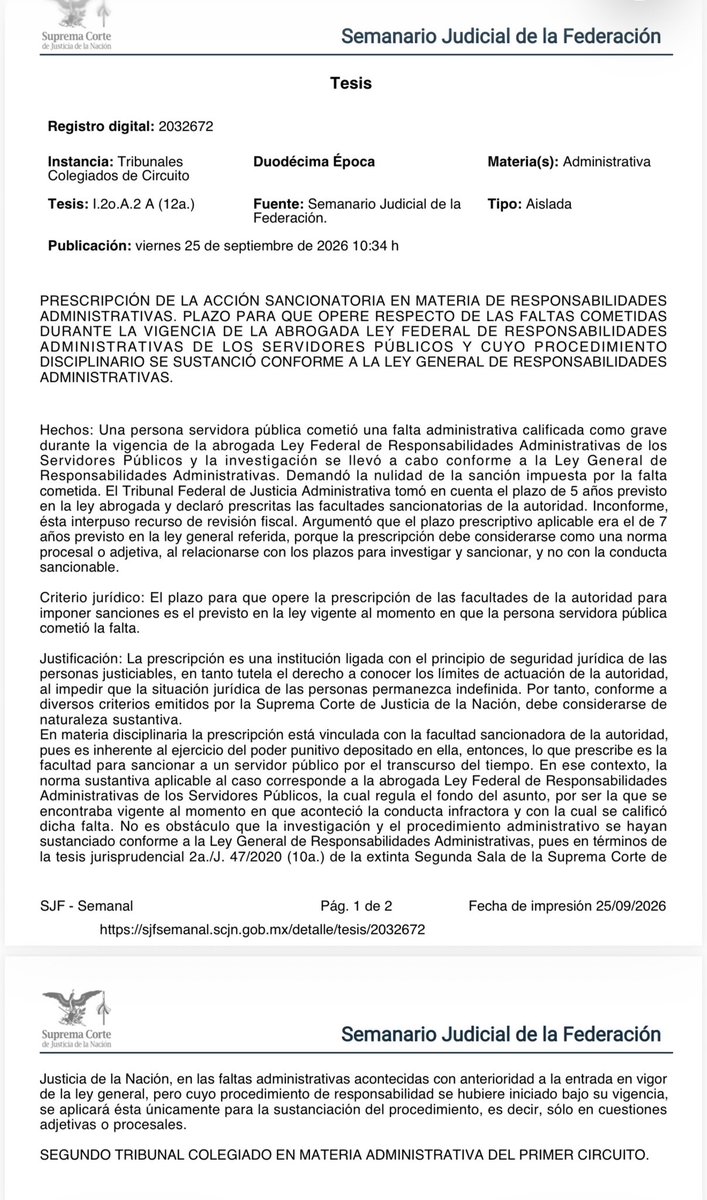 LisMuoz5's tweet photo. Comparto la tesis de jurisprudencia publicada el día de hoy, relativa a la prescripción de la acción sancionadora en materia de #ResponsabilidadesAdministrativas: el plazo aplicable es el vigente al momento de cometerse la falta. #SeguridadJurídica https://t.co/MLktFyImnD