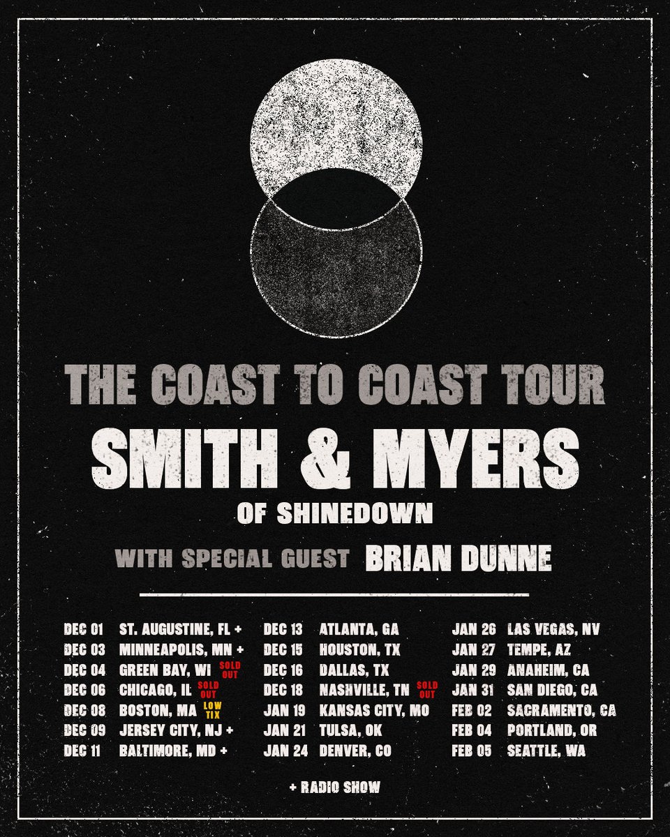 SmithAndMyers's tweet photo. TICKETS GOING FAST PEOPLE… and Tulsa is now on sale ‼️

Couldn’t be more excited to get back out there this winter with @briandunnemusic.

Get ready for massive sing-alongs, stories, and whatever happens in-between…

See y’all soon! 🖤

🎫 https://t.co/1sfv7MCG6G https://t.co/ZsFkX5JmHq