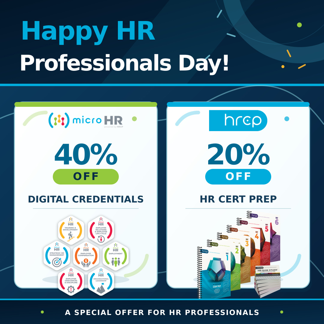 HRCP_Program's tweet photo. Happy HR Professionals Day! Thank you for the care and expertise you bring to work every day.

Celebrate with 40% off Micro HR digital credentials at https://t.co/zIHR4R4ml5 (code HRPROFDAY) and 20% off HRCP cert prep at https://t.co/1s3KnDB57p (code HAPPYHRPROS). https://t.co/yizIAiIrgj