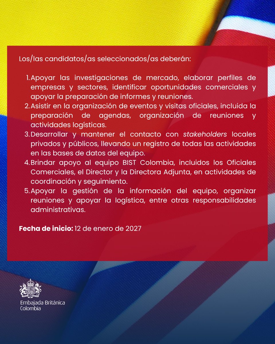 UKinColombia's tweet photo. 📣 ¡Haz tus pasantías en un equipo internacional #UKCOL🇬🇧🇨🇴!

📉 Buscamos dos practicantes para nuestro Departamento de Departamento de Negocios, Innovación, Ciencia y Comercio (BIST). Postúlate antes del 7 de octubre aquí 👉🏽 https://t.co/ziFLbhsiHb https://t.co/38FASXbqnV