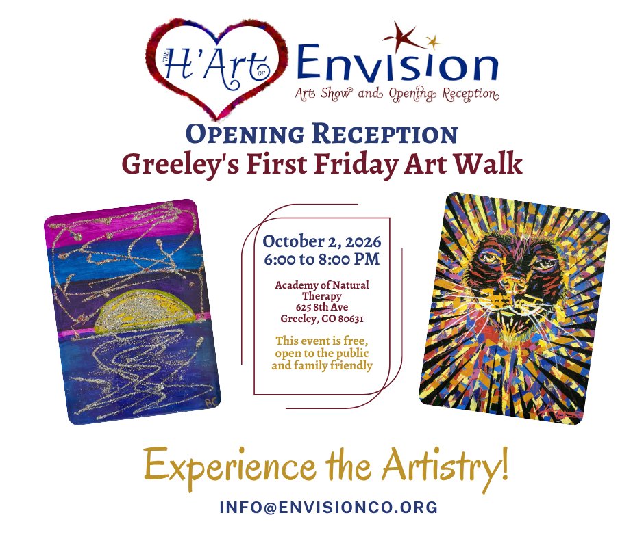 EnvisionCoOrg's tweet photo. You are invited to the H'Art of Envision Art Show and Opening Reception!  You can help support the services that make these opportunities possible. We can’t wait to see you there!
For more information visit: info@envisionco.org
#FirstFridayArtWalk https://t.co/tr0h06gucF