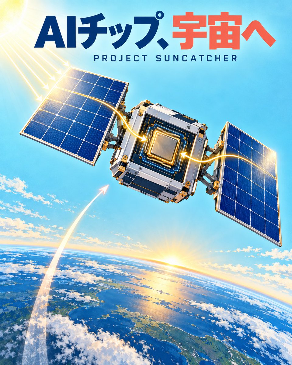 AIrakuken's tweet photo. Google、AIチップを宇宙へ。

9月24日、
Project Suncatcherの
試作衛星計画を公表。

TPUが放射線や極端な温度に
耐えられるか軌道上で試す。

狙いは、ほぼ常時得られる
太陽光でAIを動かすこと。

AI競争は「賢さ」だけでなく、
電力と冷却の問題へ。

#AI #Google #AIラクする研究所 https://t.co/lPFOTIPBS6