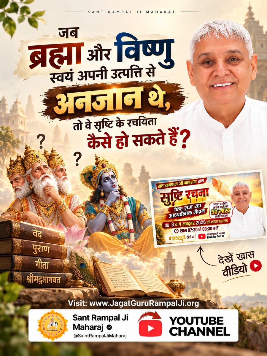 yogeshManmode10's tweet photo. #OpenChallengeBy_SantRampalJi
जब ब्रह्मा और विष्णु स्वयं अपनी उत्पत्ति से अनजान थे, तो वे सृष्टि के रचयिता कैसे हो सकते हैं?
देखें खास वीडियो "शास्त्रार्थ का शंखनाद" Sant Rampal Ji Maharaj YouTube Channel पर।
शास्त्रार्थ का शंखनाद https://t.co/PuxdW9pymq