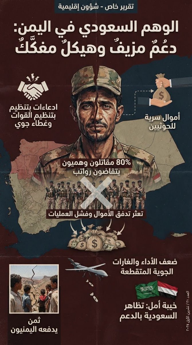 Xwlan7's tweet photo. تخيل نظاماً يضخ ال��ليارات لشراء السلاح والدعاية، ليصحو في النهاية على واقعه المرير
80% من القوات التي يدعمها أشباح على ورق وخطوط اتصالاته مخترقة ومكشوفة بالكامل لخصومه!

تؤكد قراءة صحيفة فورين بوليسي العجز الهيكلي لـ #السعودية في #اليمن، حيث تهاوت وعود الغطاء الجوي، ولم تنفع الغارات المتقطعة ولا دفع الأموال السرية للحوثيين في تغطية الغياب التام للكفاءة والقدرة الميدانية.

وحين حاول نظام #محمد_بن_سلمان الهروب للأمام وتجميع حلف إقليمي جاءه الرفض الصريح من #القاهرة و #واشنطن، واكتفت إسلام أباد وأنقرة بالدعم المعنوي، تاركة الرياض تخوض عزلتها وتتخبط في المستنقع الذي صنعته بطيش��ا.

حقيقة ساطعة تجعل كل الضجيج الإعلامي والاستعراض المالي مجرد ستار هش لمملكة يعجز سلاحها عن حماية اتصالاتها، وتفشل ملياراتها في صناعة قرار عسكري واحد ناجح

https://t.co/0WBebdd3Mw