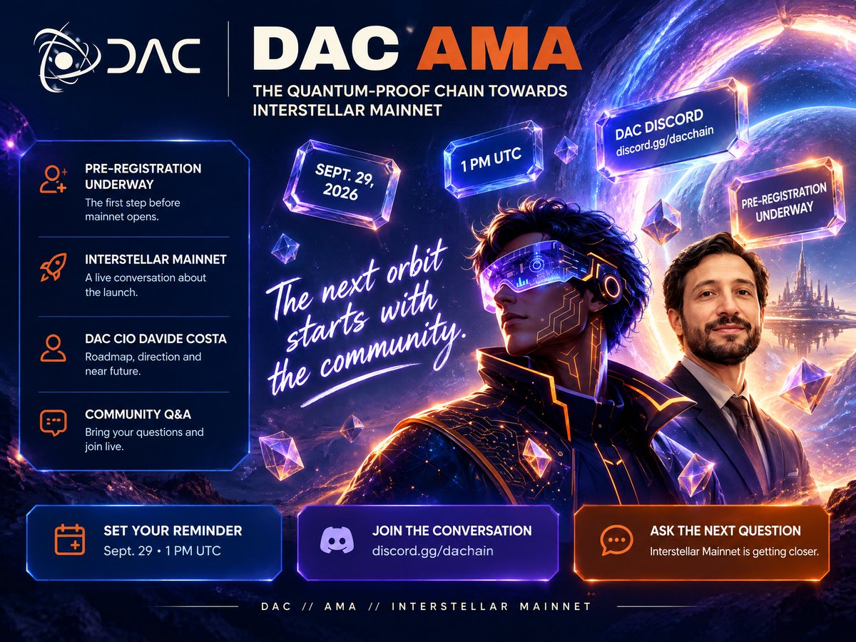 AsadQayyum79979's tweet photo. 🚀 Pre-registration is underway. Now @dac_chain is opening the conversation about what comes next.

DAC CIO @davide___costa will host a live AMA focused on:

🌌 The launch of the Interstellar Mainnet
  
⚛️ DAC’s near-term roadmap and ecosystem direction

💬 Live answers to community questions  

📅 September 29, 2026

⏰ 1:00 PM UTC

📍 DAC Discord:https://t.co/5YtszoVNo1  

This is an important moment for the DAC community. Pre-registration is the first step—but understanding the launch, the next phase and the roadmap ahead matters just as much.

Bring your questions, set your reminder and join the conversation with the team building the quantum-proof chain towards Interstellar Mainnet. 🚀

DAC AMA // THE NEXT ORBIT STARTS WITH THE COMMUNITY

#DAC #Interstellar #InterstellarMainnet #DACAMA #QuantumChain #Web3