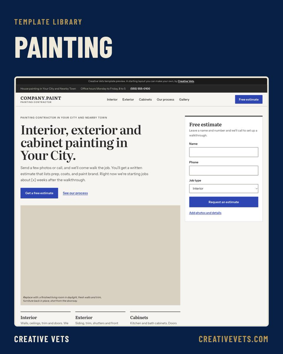 CreativeVets's tweet photo. 41% of people now always read reviews before choosing a local business, up from 29% (BrightLocal). Painting is a trust job. Our painting template puts finished rooms, reviews and an estimate request side by side. https://t.co/MR1PcPVDLq https://t.co/WTYQtGenfc