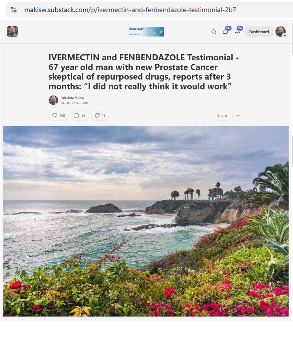 MakisMedicine's tweet photo. NEW ARTICLE: IVERMECTIN and FENBENDAZOLE Testimonial - 67 year old man with new Prostate Cancer skeptical of repurposed drugs, reports after 3 months: “I did not really think it would work”

Almost everyone starts off as an Ivermectin skeptic. 😃

STORY:
67 year old man with new Prostate Cancer

For 3 months he took Ivermectin 72mg and Fenbendazole 1000mg/day

Results after 3 months:

4 prostate lesions up to 2.1cm disappeared.

"I could not believe the protocol actually worked and saved me radiation and all other kinds of torture. I am truly grateful"

Vast majority of people start off as skeptics of repurposed drugs. 😃

And you should be skeptical. Of any medical intervention.

The risk / reward calculation in most cases, however, is so one sided, that you have nothing to lose and everything to gain.

What makes the Ivermectin haters so silly, is that no one is selling Ivermectin. There is no "snake oil".

For example, I've never had a website. 
And I've never tried to convince anyone of anything, because I've never needed to.

9000 cancer patients came to me over past 2 years, not because I have a hypnotic Tony Robbins video circulating somewhere, but because they know someone who was healed, or someone who benefited.

When something works for many people, you don't have to convince anyone of anything.

The only accounts "selling Ivermectin" are Big Pharma funded scam accounts in Africa, who are trying to hurt cancer patients. 

And a couple of scummy, sleezy wellness companies selling overpriced Ivermectin kits they source in India.

Be skeptical. Always.
Whether it's Ivermectin, or COVID-19 Vaccines.

Billions of dollars were spent marketing COVID-19 Vaccines and they turned out to be the most toxic pharmaceutical product ever put to market.

Every doctor, politician and mainstream media person pushed the jabs so aggressively that you knew deep down inside something was very wrong.

Billions of dollars are spent marketing new Cancer drugs that are extremely toxic and don't work.

Ivermectin and repurposed drugs don't need anyone to "market" them. If they work, they work. 💪

Of course, nothing works for "everyone", that's another strawman argument that the haters like to throw out.

Chemo fails in 97% but if Ivermectin doesn't work 100% it must be a scam. 

Avoid the noise. The truth always finds a way to the surface.