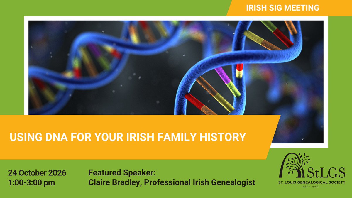 StLGS's tweet photo. Hit a brick wall trying to pinpoint where your Irish ancestors came from? DNA might be the key to unlocking their origins. 🧬📷 
Join the StLGS Irish Special Interest Group for our upcoming hybrid meeting on October 24! Get more info at https://t.co/IieTcWzie6 https://t.co/pRCGsprvHY