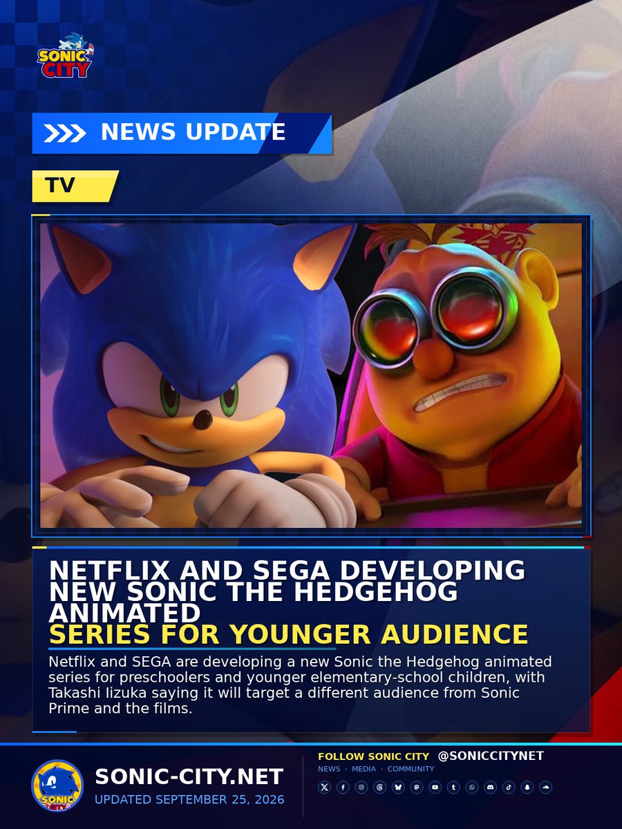 soniccitynet's tweet photo. 📺 UPDATE: Takashi Iizuka says Netflix and SEGA’s new Sonic series is a “kids animation” aimed at preschoolers and younger elementary-school children, targeting a different audience from Sonic Prime and the films.

Updated article in the replies!

#SonicNews https://t.co/Xw278QJmSI