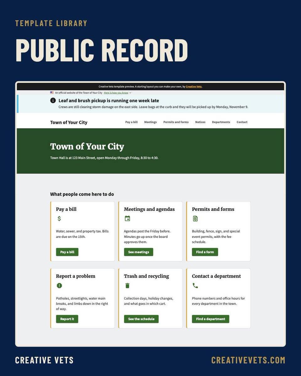 CreativeVets's tweet photo. Towns under 50,000 people and special districts have until April 26, 2028 to meet WCAG 2.1 AA under ADA Title II. Public Record is our template built for them, on the U.S. Web Design System with residents' common tasks first. https://t.co/MR1PcPVDLq https://t.co/Lae9LRQ1s1