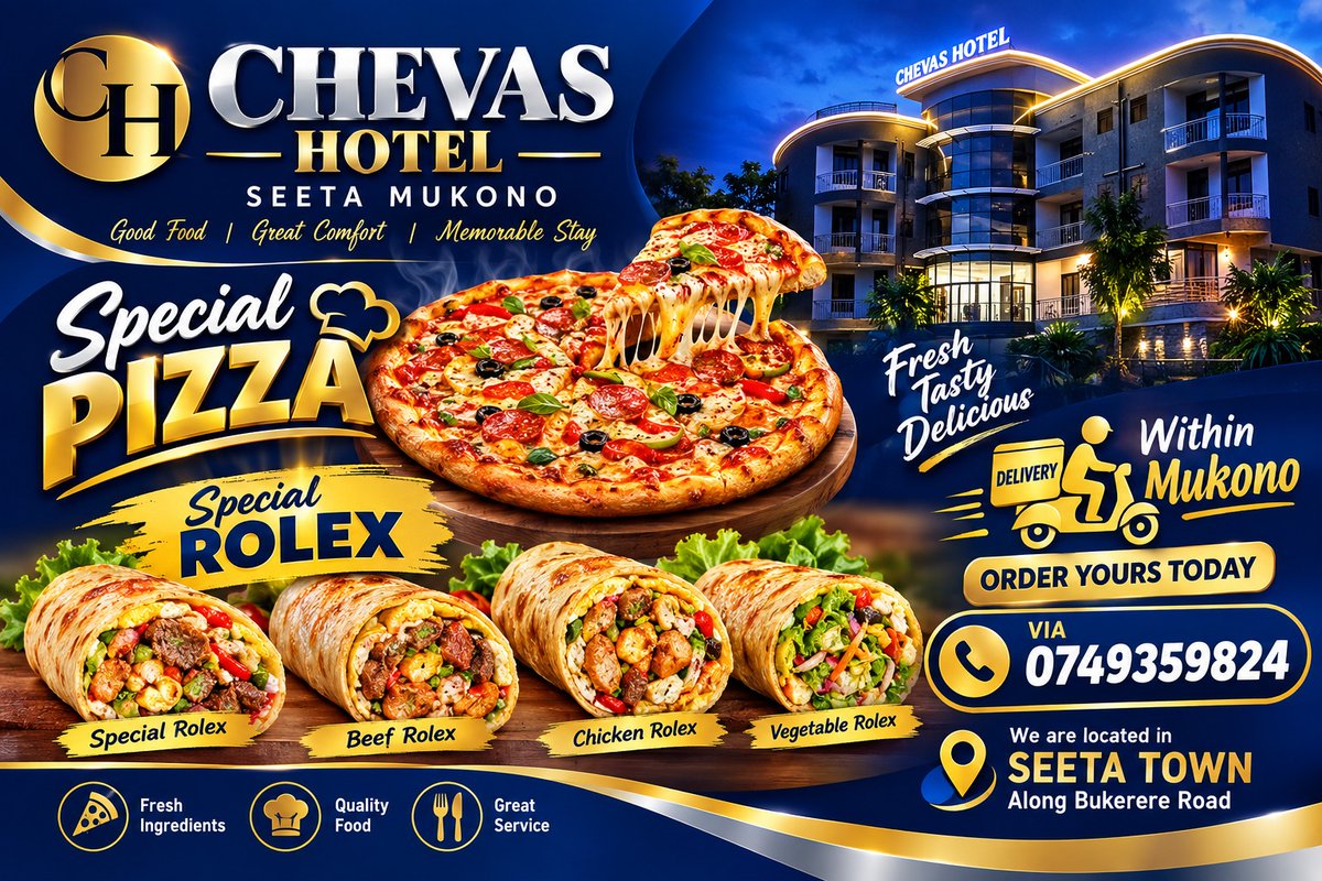 chevashotel2's tweet photo. Special Pizza! , special Rolex ! Special Offer ! order yours today via 0749359824 📍 Seeta Town along Bukerere Rd. @CaoMukono89852   @chevashotel2  #ComfortMeetsElegance
@UOXUganda
||
@KintuAlexwest
@CharlesWangadya https://t.co/SQQZv8wvDj