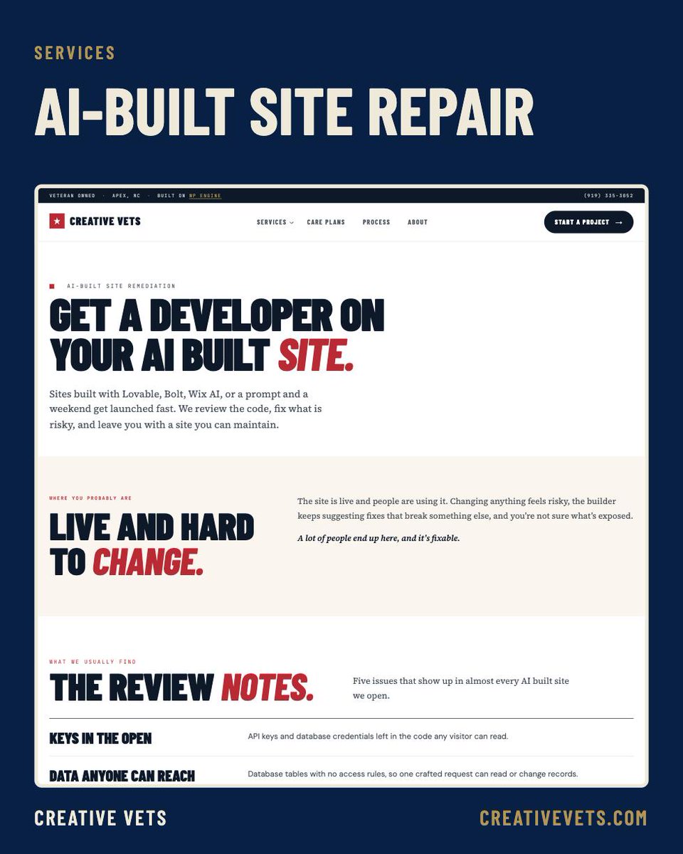 CreativeVets's tweet photo. WebAIM's 2026 report found accessibility errors rising for the first time in six years and pointed to AI-assisted coding as one likely cause. If your site came out of an AI builder and something feels off, we review and repair it. From $750. https://t.co/4SuAi384An https://t.co/PDpcPbqdRW
