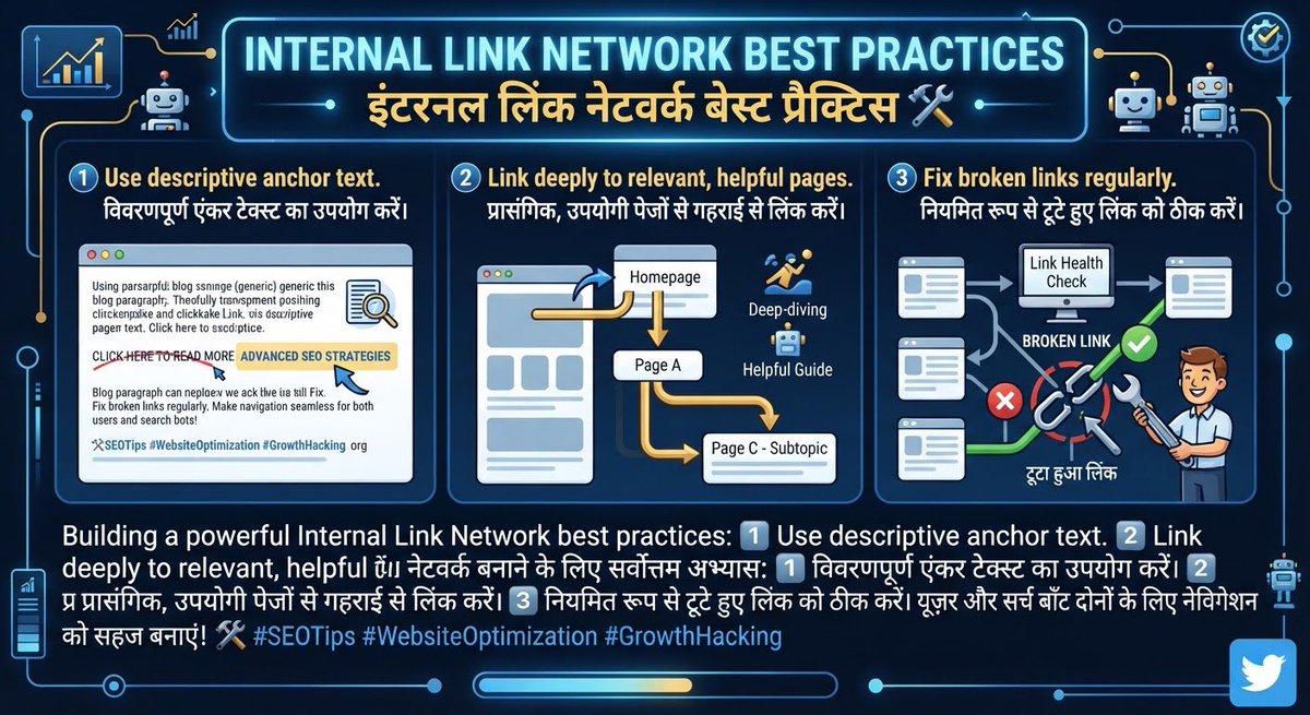 azman68053's tweet photo. Best Practices
Building a powerful Internal Link Network best practices:
1️⃣ Use descriptive anchor text.
2️⃣ Link deeply to relevant, helpful pages.
3️⃣ Fix broken links regularly.
Make navigation seamless for both users and search bots!
#Interlinks #ITLG #ITL https://t.co/xbjlMaQO9I