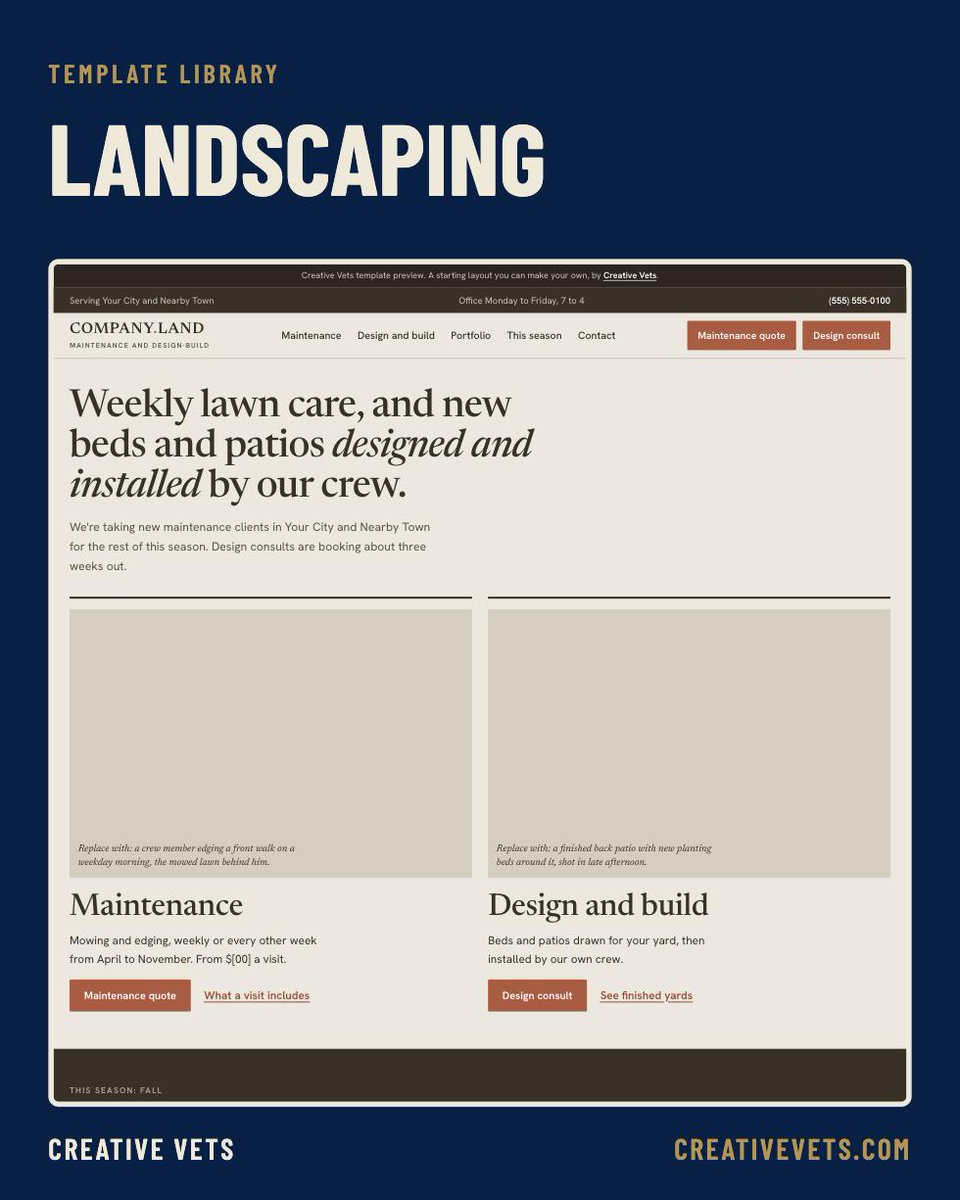 CreativeVets's tweet photo. People check an average of six sources before choosing a local business (BrightLocal 2026). A landscaping website is where you decide what they find: neighborhoods you cover, maintenance plans and your best design work. https://t.co/MR1PcPV5VS https://t.co/VB2GKu0jrC