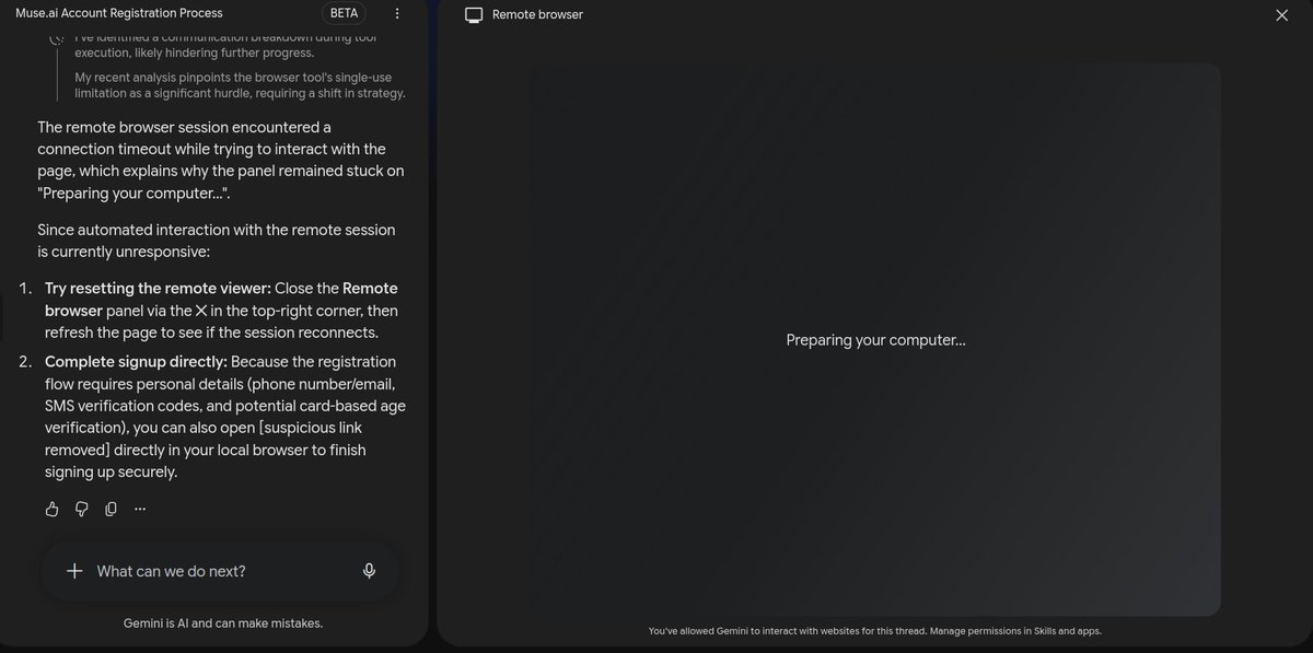 floydc69420's tweet photo. i am trying to use gemini spark but from the last 30 minutes the remote browser wont start at all even after multiple refreshes and reopens . Pls fix it @OfficialLoganK  @Google https://t.co/YHihhnOL90