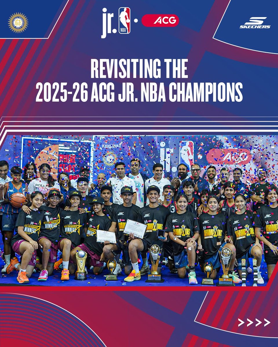 NBAIndia's tweet photo. THIS IS WHAT CHAMPIONS PLAY FOR. 🏆

A look back at the 2025–26 ACG Jr. NBA champions. 💪

Think you have what it takes? Click the link below to register and chase championship glory. 🔗

https://t.co/QiJZ8Q9dUX

#WhereStarsAreBorn #IndianBasketball #SkechersBasketball | @ACGWorld @BFI_basketball @SkechersIndia @jrnba