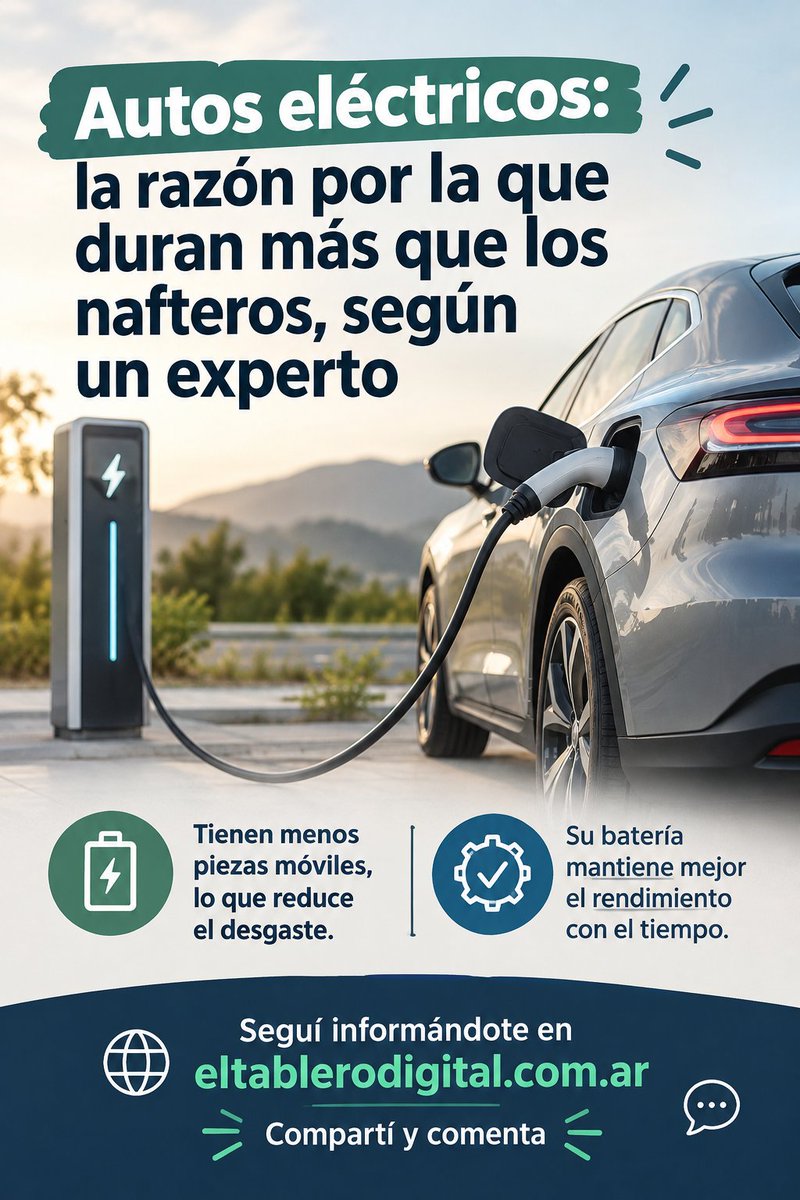 tablerodigital's tweet photo. 🚘⚡ La pregunta que muchos se hacen: ¿cuánto puede durar realmente un auto eléctrico?

Un experto señala una característica fundamental que reduce el desgaste y cambia la comparación con los vehículos nafteros.

https://t.co/zcwg21hTKm

#AutosEléctricos #VehículosEléctricos https://t.co/gzSxYfvnMV