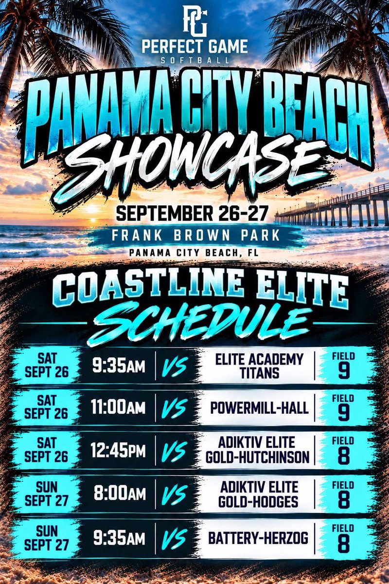 clutch_dennis's tweet photo. This is Coastline Elite’s schedule for this weekend in Panama City Beach! 🥎 https://t.co/PLg7TgkTJs