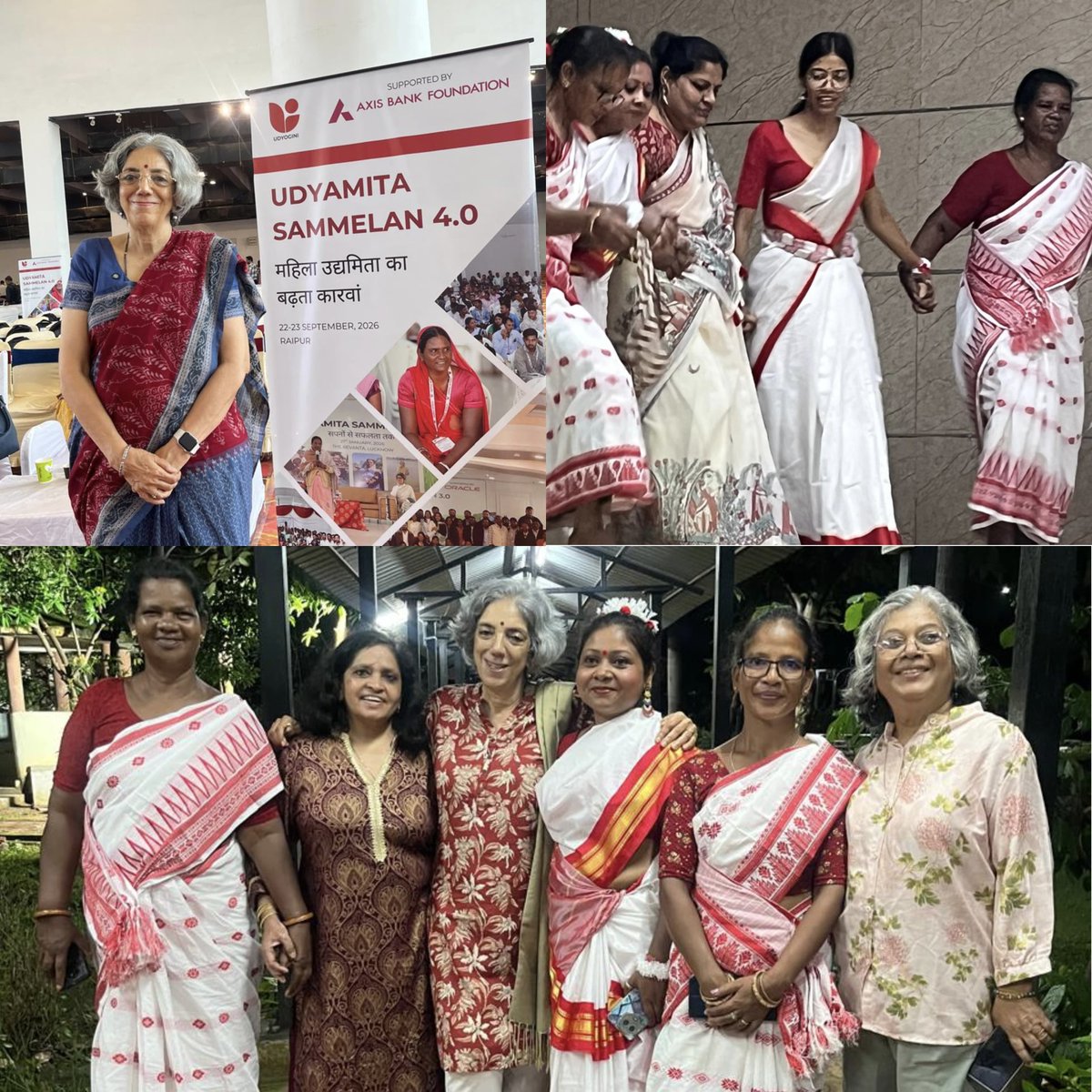 lakshmiunwomen's tweet photo. Women Weaving Their Own Futures

Wonderful to see my dear friend and former UN colleague Kiran Bhatia, who has been associated with UNICEF, UNFPA and the World Bank, as Chief Guest at Udyamita Sammelan 4.0 in Raipur, organised by Udyogini, which she helped shape as its Founder Executive Secretary.

For over three decades, Udyogini has worked with women at the grassroots ��� building skills and enterprises, connecting them to markets, resources and financial services, and strengthening communities. Its journey has already reached over one million women, with enterprise development at the heart of greater self-reliance.

What stayed with me from Kiran’s reflections were the women themselves: challenging patriarchy, entering non-traditional work, creating new enterprises and rapidly acquiring new skills, often alongside the responsibilities of home and field. For many, travelling away from home and speaking before such a large gathering was itself a first — yet they did so with remarkable confidence and joy.

It connects beautifully with the spirit of The Sari Eternal — women preserving what is inherited while continually creating, adapting and reinventing.

Like the sari itself, rooted in tradition yet alive with change, these Bharatiya women are weaving their own futures.