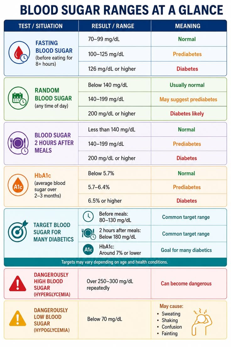MededDaily42640's tweet photo. BLOOD SUGAR RANGES AT A GLANCE https://t.co/3s8IeQVl2K