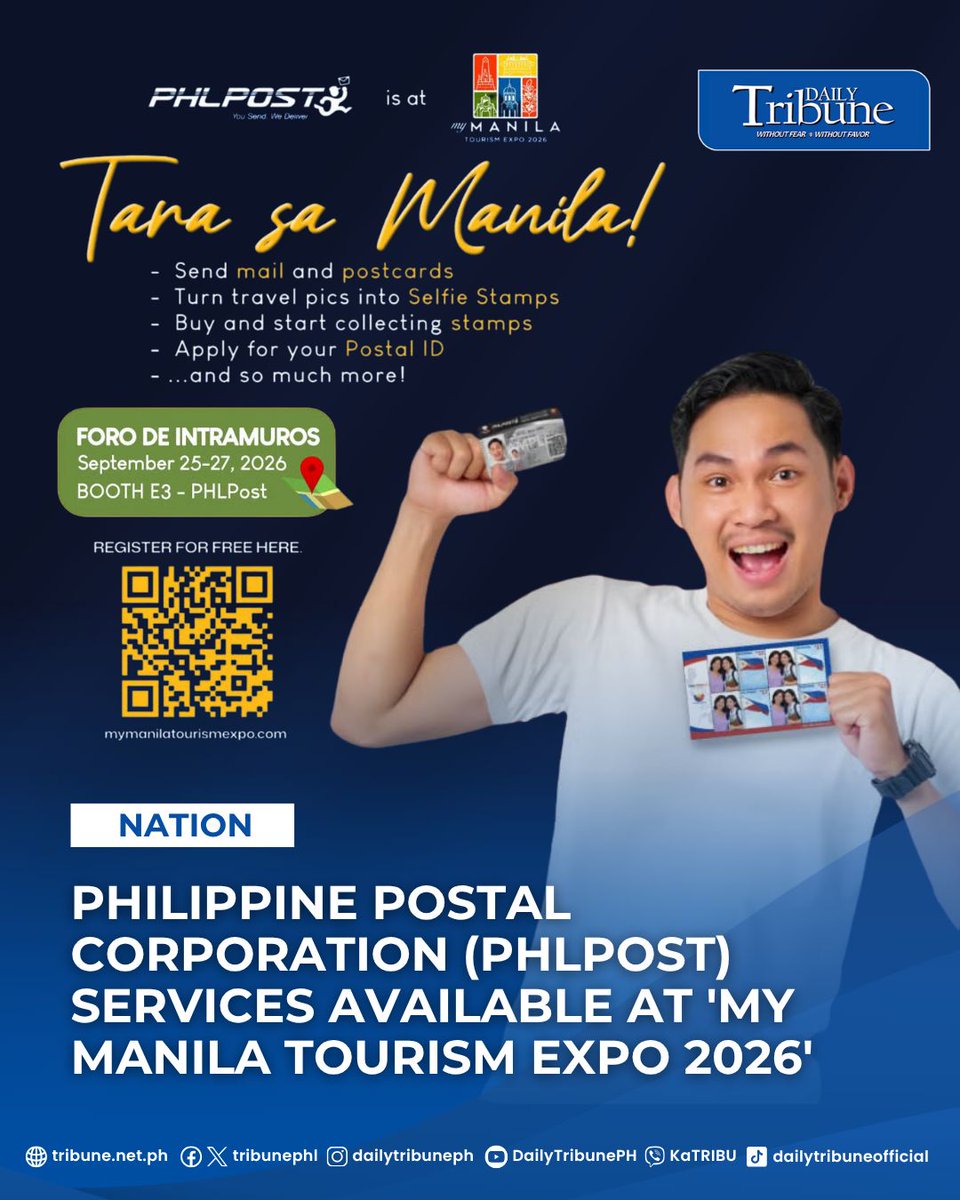 tribunephl's tweet photo. The Philippine Postal Corporation (#PHLPOST) invites the public to visit Booth E3 at the #MyManilaTourismExpo2026, taking place from September 25 to 27 at the historic Foro de Intramuros, Manila.
Visitors can apply for a #PostalID, send mail and postcards on-site, or create custom postage stamps using their personal photos with Selfie Stamps. Stamp collectors can also explore a range of commemorative stamps celebrating Philippine heritage and culture.
Organized by the City Government of Manila through the Department of Tourism, Culture and Arts of Manila (DTCAM), the expo showcases the city’s rich history and thriving tourism scene.
Read more at: https://t.co/Pfa8VEBUT8
#DailyTribune