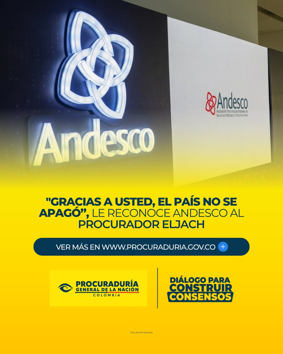 PGN_COL's tweet photo. En el Congreso de @Andesco1, el gremio reconoció la gestión del Procurador General, Gregorio Eljach, y del entonces Contralor General, Carlos Hernán Rodríguez, frente a la situación del sector eléctrico. “Gracias a ustedes este país no se apagó”, afirmó el presidente del gremio, Camilo Sánchez. https://t.co/jlyKIET8k9