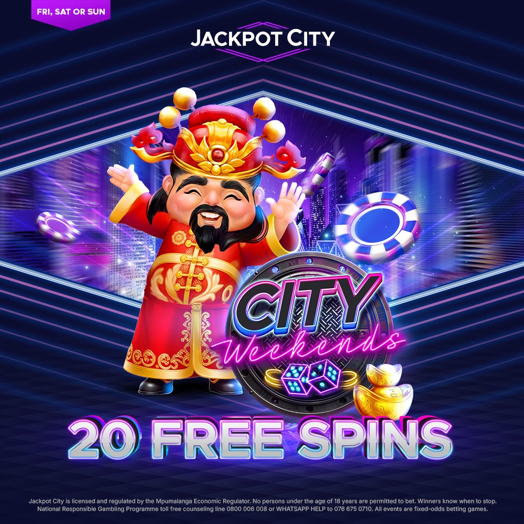 JackPotCitySA's tweet photo. Ready for big city vibes? City Weekends is LIVE and 20 free spins await your check-in

deposit R50 and wager R50 (cumulative) to activate 20 FREE SPINS on Wealth Inn

*Offer can only be claimed once during the weekend.

#ForTheThrill https://t.co/q4j0TG1ssz