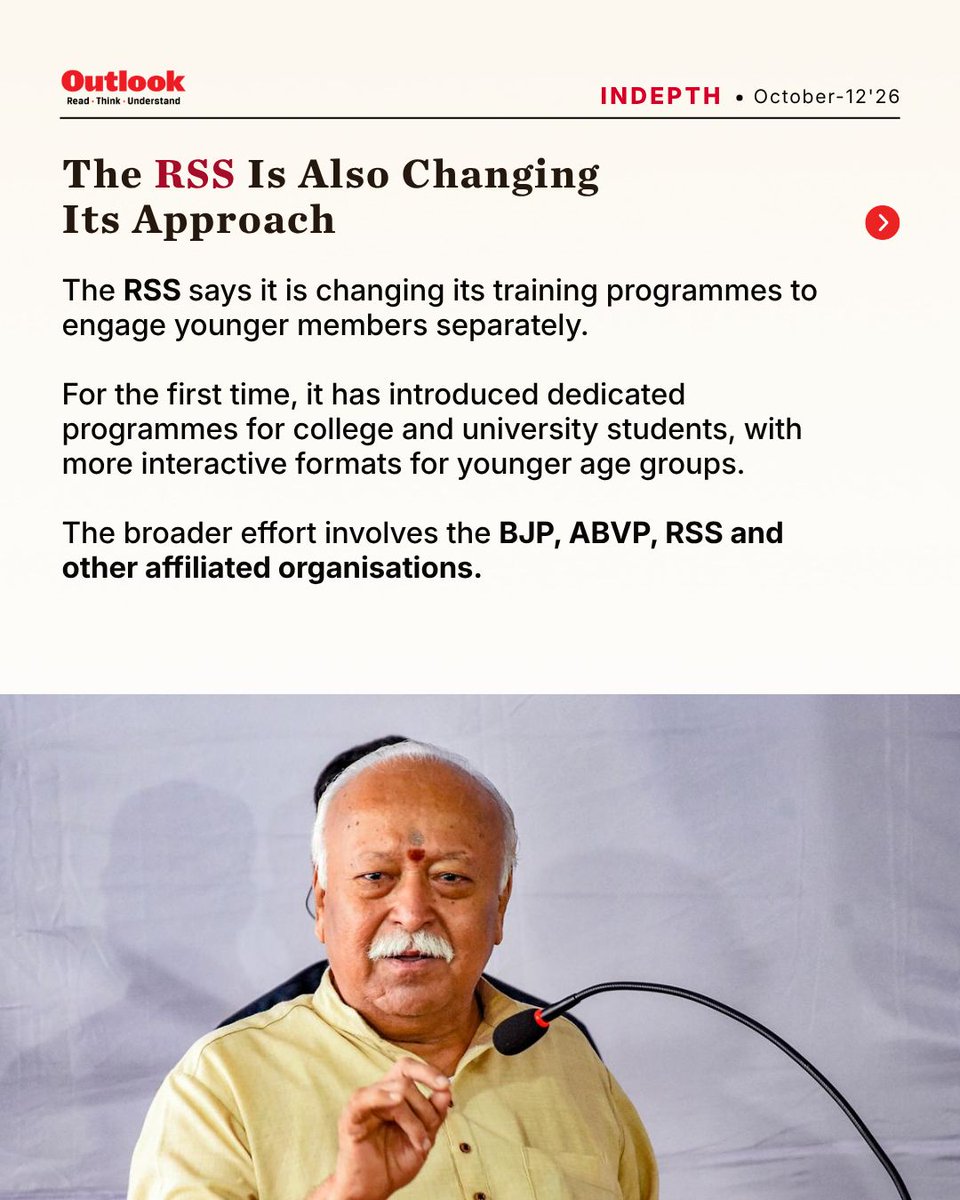 Outlookindia's tweet photo. As elections approach, the bigger question is how the BJP and Sangh Parivar organisations are trying to respond to changing youth concerns and reshape their outreach.

Gyan Verma writes.

[Gen Z, BJP youth outreach, ABVP, RSS, first-time voters]

#GenZ #BJP #YouthPolitics #ABVP #OutlookIndia