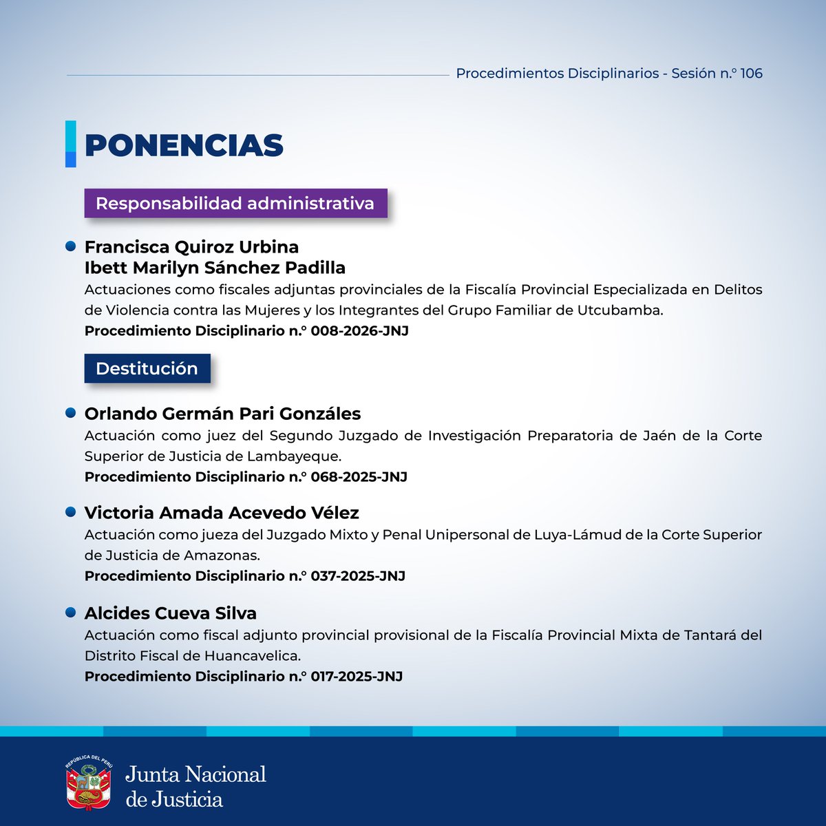 JNJPeru's tweet photo. 🔴 Conoce los acuerdos adoptados en la sesión del 𝗣𝗹𝗲𝗻𝗼 𝗻.° 𝟭𝟬𝟲 de la Junta Nacional de Justicia, sobre 𝘱𝘳𝘰𝘤𝘦𝘥𝘪𝘮𝘪𝘦𝘯𝘵𝘰𝘴 𝘥𝘪𝘴𝘤𝘪𝘱𝘭𝘪𝘯𝘢𝘳𝘪𝘰𝘴. https://t.co/ebHuaNXvHe