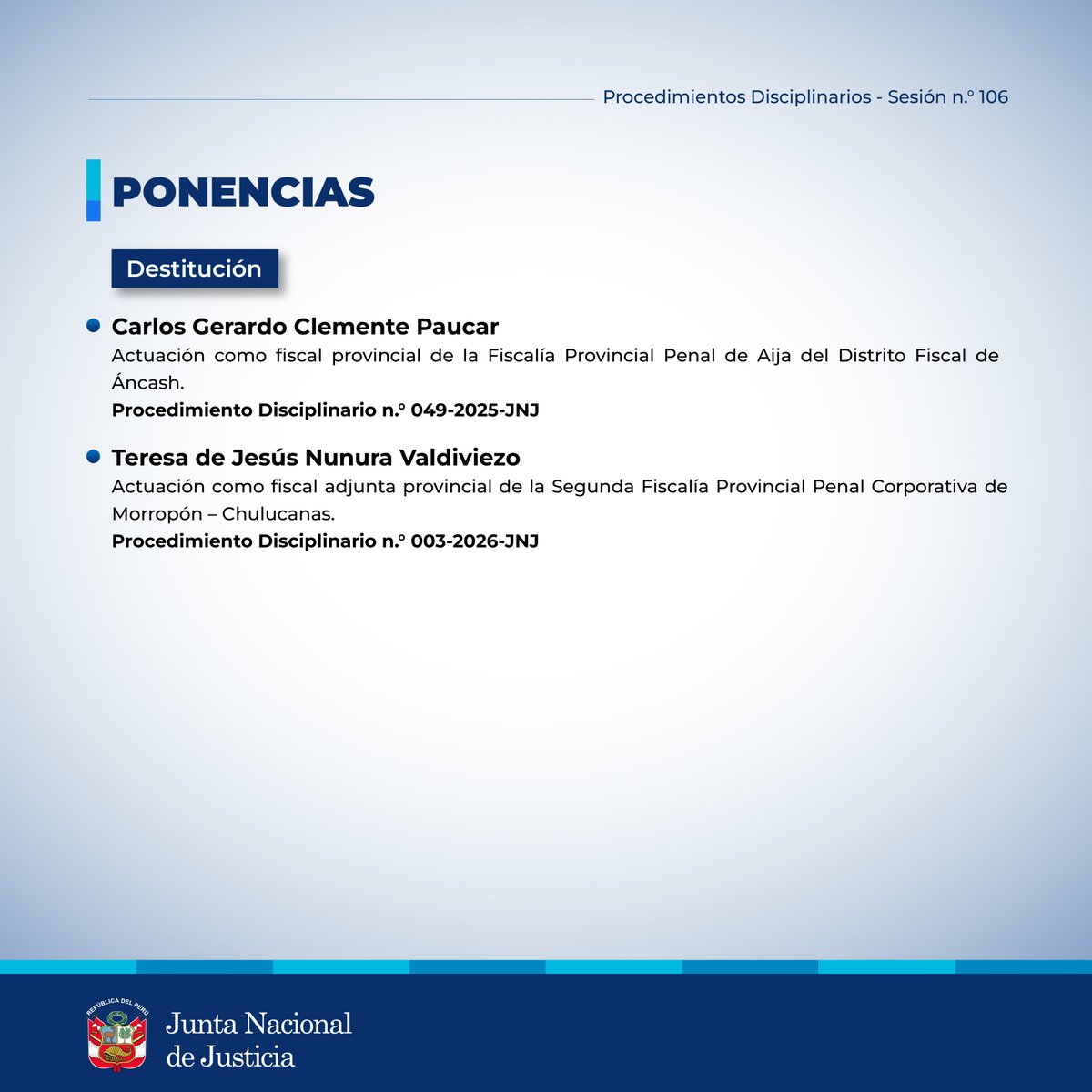 JNJPeru's tweet photo. 🔴 Conoce los acuerdos adoptados en la sesión del 𝗣𝗹𝗲𝗻𝗼 𝗻.° 𝟭𝟬𝟲 de la Junta Nacional de Justicia, sobre 𝘱𝘳𝘰𝘤𝘦𝘥𝘪𝘮𝘪𝘦𝘯𝘵𝘰𝘴 𝘥𝘪𝘴𝘤𝘪𝘱𝘭𝘪𝘯𝘢𝘳𝘪𝘰𝘴. https://t.co/ebHuaNXvHe