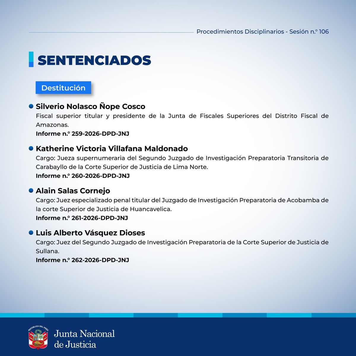 JNJPeru's tweet photo. 🔴 Conoce los acuerdos adoptados en la sesión del 𝗣𝗹𝗲𝗻𝗼 𝗻.° 𝟭𝟬𝟲 de la Junta Nacional de Justicia, sobre 𝘱𝘳𝘰𝘤𝘦𝘥𝘪𝘮𝘪𝘦𝘯𝘵𝘰𝘴 𝘥𝘪𝘴𝘤𝘪𝘱𝘭𝘪𝘯𝘢𝘳𝘪𝘰𝘴. https://t.co/ebHuaNXvHe