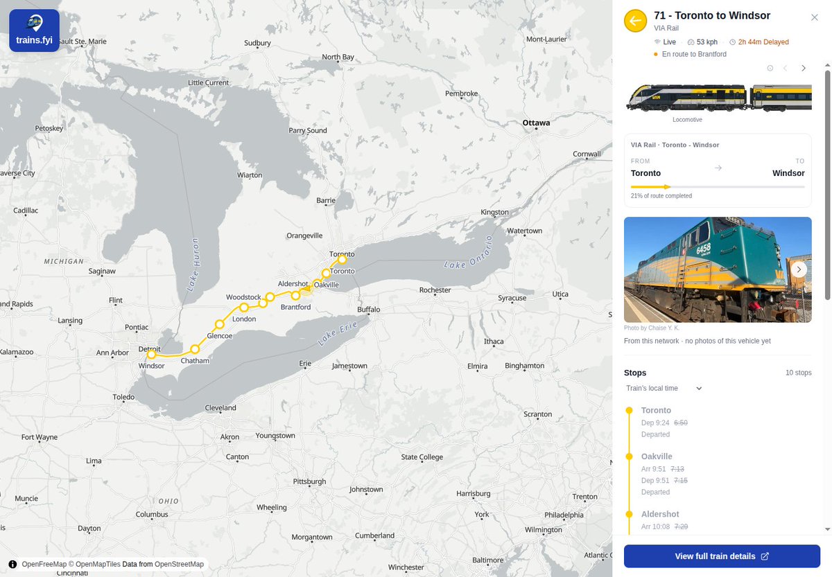 trainsfyi's tweet photo. Today's most delayed train on https://t.co/MnhEhApvpZ is VIA Rail 71 from Toronto to Windsor. It is reported 2h 44m late. 🚆⏰ #trainsfyi #trains #VIARail #TorontoWindsor
https://t.co/2H5TqOunbG https://t.co/iw20C8he3h