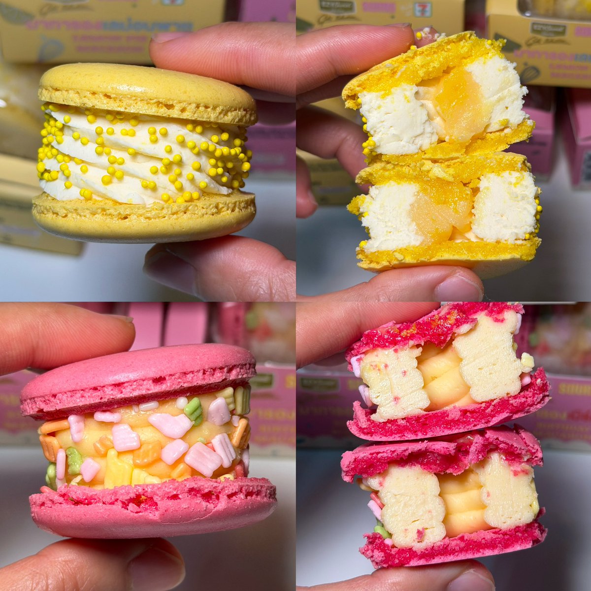 Borntoeatt's tweet photo. มาการอง SOURI มีขายในเซเว่นแล้ว ชิ้นละ 45 บาท ราคาดีกว่าหน้าร้านปกติแต่อร่อยเหมือนเดิม นี่ชอบรสเลม่อนพายมากกก ครีมชีสอร่อย🥺🍋✨ https://t.co/r9ZA9myty6