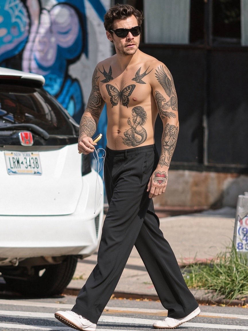 CrimsonHea4rt's tweet photo. Shirtless Harry Styles walking the streets of NYC 😍🌈 https://t.co/WYZsxnrWvW