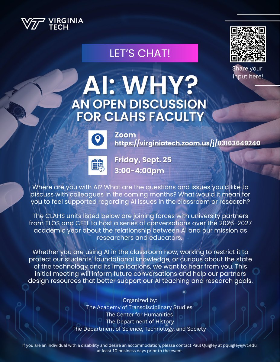 humanities_tech's tweet photo. Reminder: AI Why?, a virtual discussion on AI at Virginia Tech for CLAHS faculty, is happening today at 3pm. We'd love your input! https://t.co/QcjgJSmdtR https://t.co/CddeKIYNRP