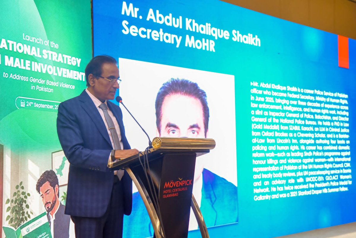 mohrpakistan's tweet photo. MoHR with technical support from @UNFPAPakistan, launched the National Strategy on Male Involvement to Prevent Gender-Based Violence (GBV) in Islamabad, providing a framework to engage men and boys as active partners in preventing violence against women and girls. https://t.co/OvqiJZA9Mk