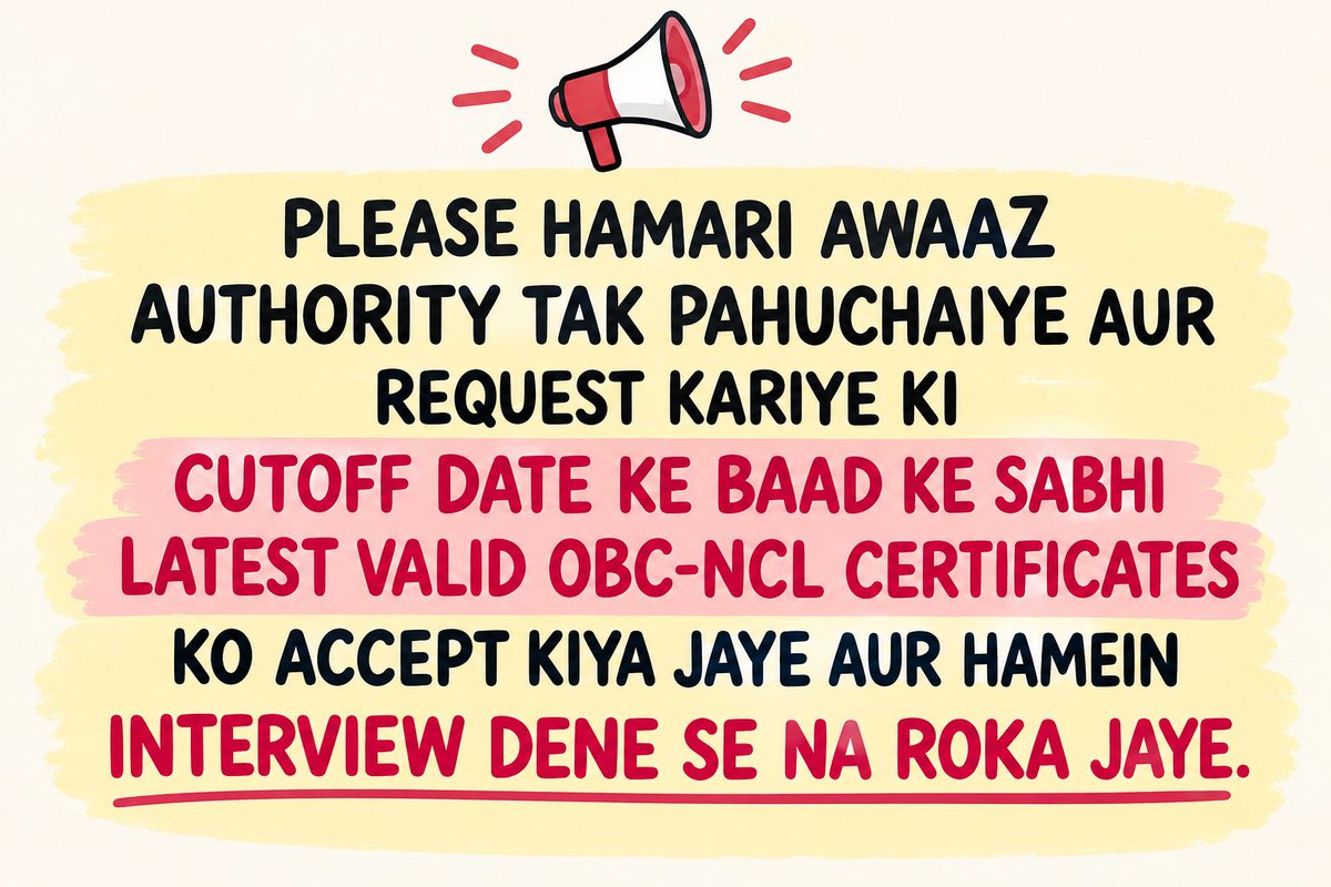 Chausaini04's tweet photo. Main OBC-NCL category se hoon. Mere paas Central OBC-NCL certificates 18 March 2023 aur 09 April 2026 ke hain, bas 2025 ka nahi. Sirf isi wajah se interview se pehle disqualify kiya ja raha hai. 😔Bahut candidates pareshaan hain. Please help us. 🙏 https://t.co/rH82L8uBiq