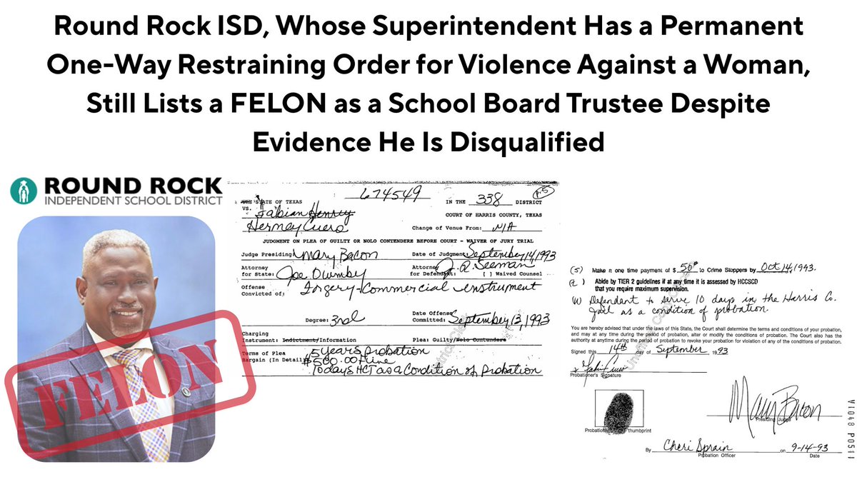drbone4tx's tweet photo. FELON is still serving on Round Rock ISD School Board with Superintendent who has a ONE-WAY permanent restraining order.

Texas law is not vague. Education Code § 11.066 bars a person convicted of a felony from serving on a school board. If the public records hold up, Cuero should not be on that dais at all—and the district should not be listing him as if nothing is wrong.

This would not be the first time the corrupt Round Rock ISD school district attempts to protect a man who doesn't qualify to be in charge of over 46,000 children. Superintendent Hafedh Azaiez still leads the district after a civil restraining order tied to violence against a woman.

So the picture is simple. RRISD keeps a superintendent under a permanent one-way restraining order and keeps listing a trustee who appears legally disqualified. Parents can argue about politics. They should not have to argue about basic eligibility. @TheLufkinLawyer @TrueTexasTea @TexasEd911
