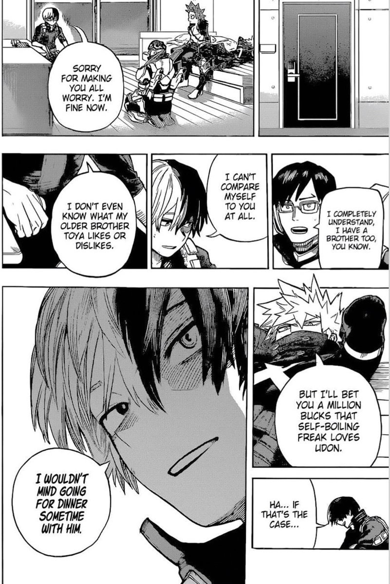 ShotosPrmanager's tweet photo. No because this scene I love Bakugo so much in it! It also just makes my TdBk Heart flutter cause OH MY😭🙏🤍. Bakugo not only checking up on Shoto but when Shoto says “I don’t even know what Touya likes.” Mind you Touya was the one to literally grab Bakugo and that’s how he https://t.co/KwZIILoPW5