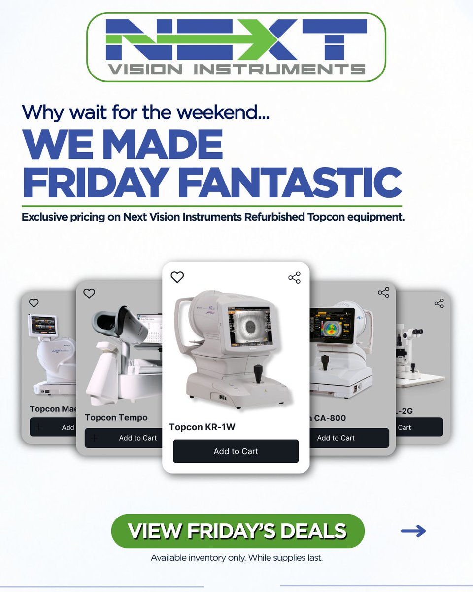 NextVision_'s tweet photo. 📢FANTASTIC FRIDAY IS HERE!📢

Why wait for the weekend? We’re kicking off the savings today with special pricing on select refurbished Topcon equipment PLUS 10% off Envi exam lane packages

Check out the deals and contact our team today to lock in your special pricing!

#eyecare https://t.co/YZQop9J8GO