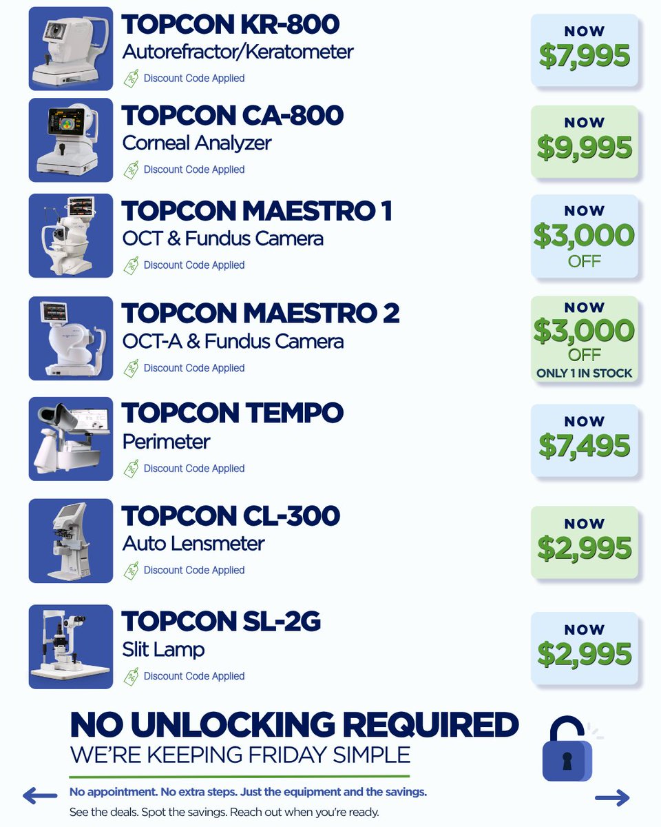NextVision_'s tweet photo. 📢FANTASTIC FRIDAY IS HERE!📢

Why wait for the weekend? We’re kicking off the savings today with special pricing on select refurbished Topcon equipment PLUS 10% off Envi exam lane packages

Check out the deals and contact our team today to lock in your special pricing!

#eyecare https://t.co/YZQop9J8GO