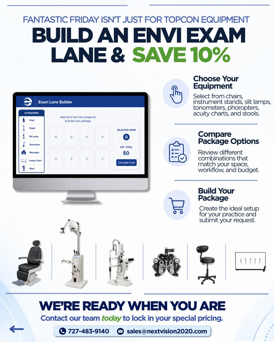NextVision_'s tweet photo. 📢FANTASTIC FRIDAY IS HERE!📢

Why wait for the weekend? We’re kicking off the savings today with special pricing on select refurbished Topcon equipment PLUS 10% off Envi exam lane packages

Check out the deals and contact our team today to lock in your special pricing!

#eyecare https://t.co/YZQop9J8GO