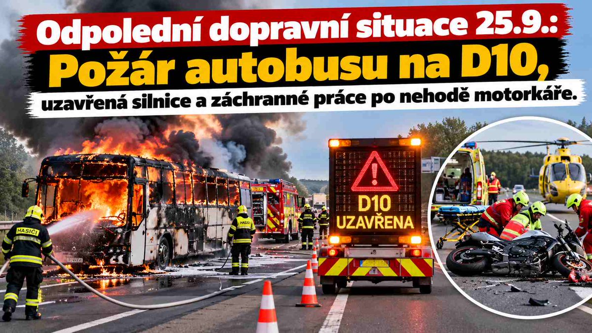 CzHasici's tweet photo. Odpolední dopravní situace: Požár autobusu na D10, uzavřená silnice a záchranné práce po nehodě moto https://t.co/2javhq1YTD
Odpolední dopravní situace: Silnice je po nehodě uzavřena, na D10 hoří autobus #policie #IZS #Doprava #nehody #HasičiCZ https://t.co/sgnMyLlyQl